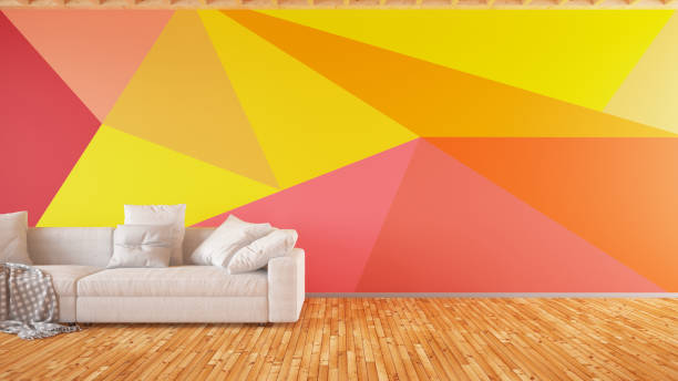 istock Modern Living Room with Sofa and Geometric Wallpaper 1350573761