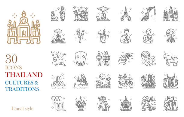 ilustraciones, imágenes clip art, dibujos animados e iconos de stock de tailandia conjunto de iconos de línea ilustración vectorial - art thailand thai culture temple