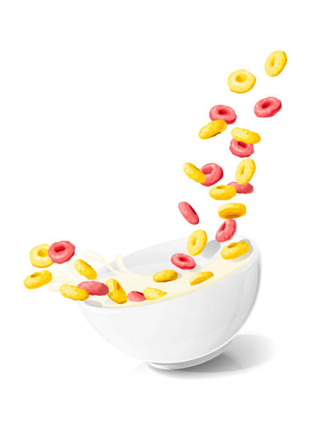 옥수수는 우유와 세라믹 그릇에 반지. 시리얼 음식. 벡터 그림입니다. - popcorn snack bowl isolated stock illustrations
