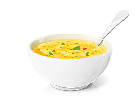 Soup in ceramic bowl spoon. Dinner food. Puree. Isolated on white background. Vector illustration.