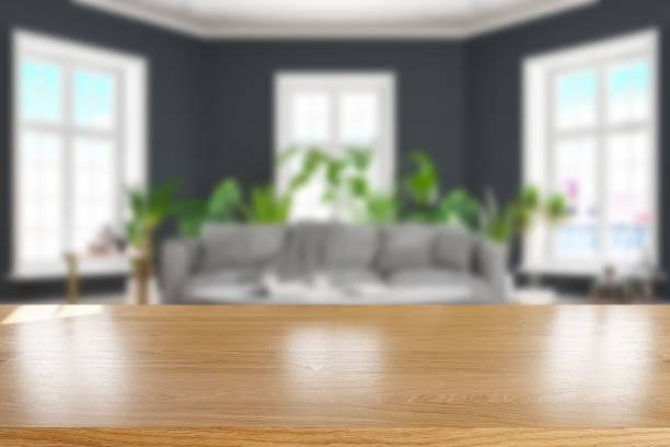 Empty Wooden Table Surface with Living Room as Background
