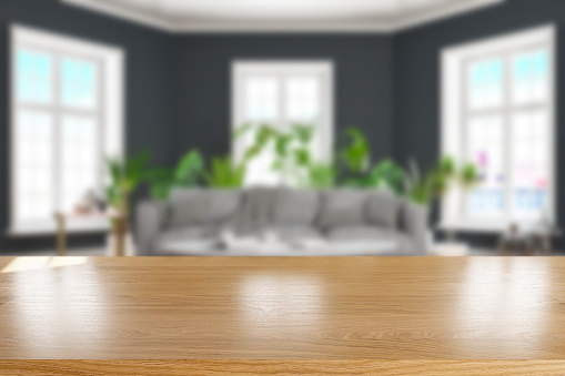 Empty Wooden Table Surface with Living Room as Background. 3d Render