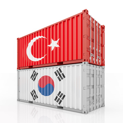 Shipping Cargo Container with Korea and Turkish Flag. 3d Render
