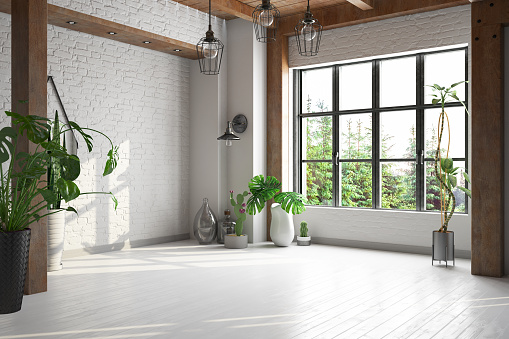 Bright Room Full of Green Plants and Window View. 3d Render