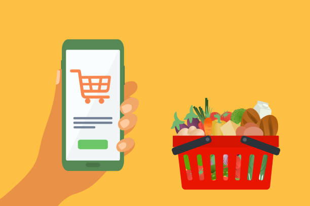 Online Grocery Shopping And Delivery Concept With Shopping Basket Full Of Vegetables And Human Hand Holding Mobile Phone. vector art illustration