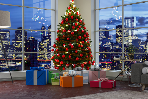 Christmas Tree and Gifts in Modern Living Room at Night. 3d Render