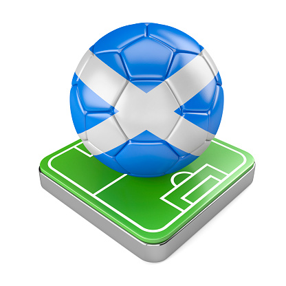 Soccer Ball Icon with National Flag of Scotland and Soccer Field. 3D Illustration