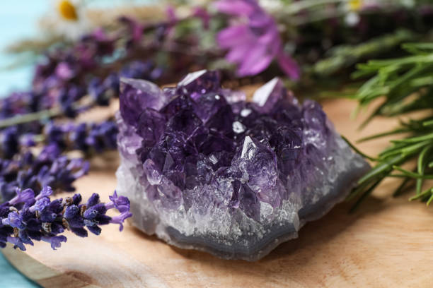 amatista y hierbas curativas en tabla de madera, primer plano - amethyst fotografías e imágenes de stock