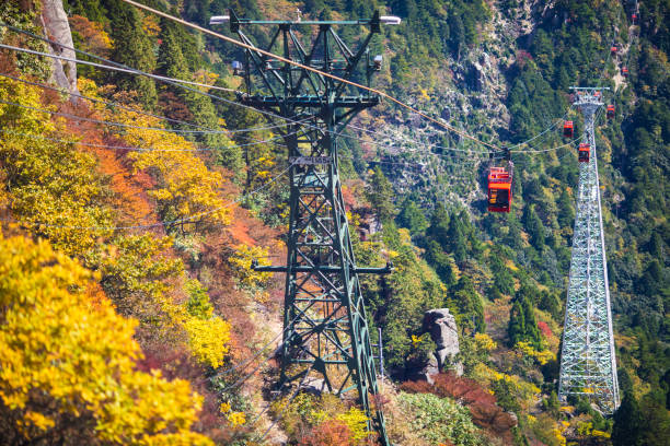Fall colors in the mountains of Central Japan at Mt Gozaisho in Mie Prefecture with ropeway leading up and down the mountain.