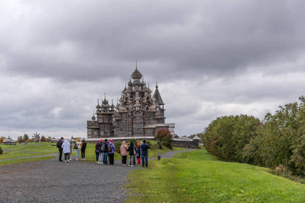 panoramic view of the wooden churches on island of kizhi, karelia. - russia russian culture kizhi island traditional culture imagens e fotografias de stock