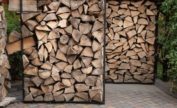 istock storing stack of firewood outside.Firewood cutting and storage concept 1350595500