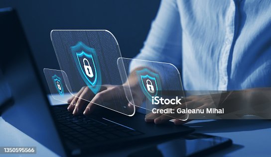 istock Cyber security  firewall interface protection concept. Businesswoman protecting herself from cyber attacks. Personal data security and banking. 1350595566
