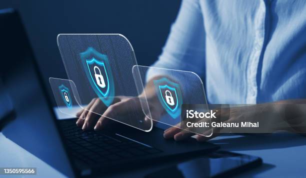 Cyber Security Firewall Interface Protection Concept Businesswoman Protecting Herself From Cyber Attacks Personal Data Security And Banking Stock Photo - Download Image Now