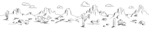 illustrazioni stock, clip art, cartoni animati e icone di tendenza di prairie bianco selvaggio west deserto lungo paesaggio schizzo illustrazione vettoriale - panoramic wild west desert scenics