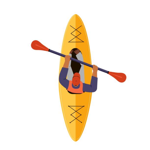 ilustraciones, imágenes clip art, dibujos animados e iconos de stock de hombre en kayak, haciendo deporte, actividad al aire libre en verano. ilustración vectorial, vista superior. - rowboat nautical vessel men cartoon