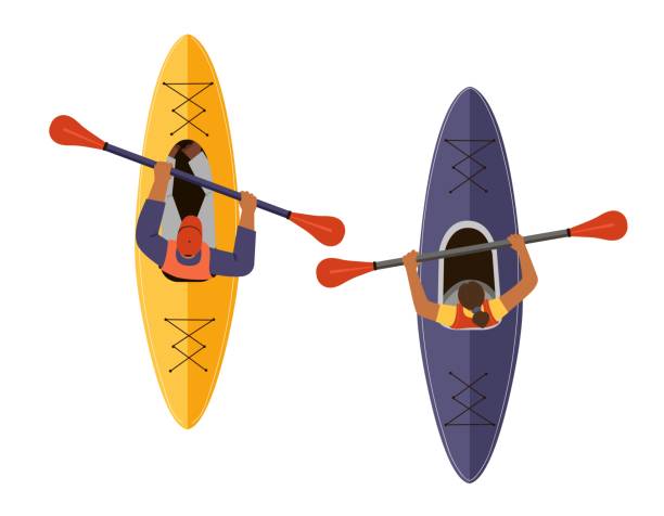 ilustraciones, imágenes clip art, dibujos animados e iconos de stock de gente sentada en kayak, actividad de verano al aire libre. hombre y mujer en kayak. ilustración vectorial, vista superior. - rowboat nautical vessel men cartoon