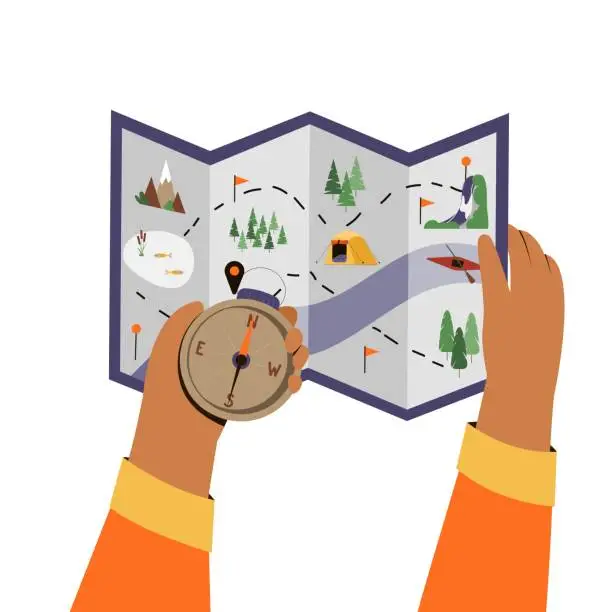 Vector illustration of Hands holding travel or camping map and a compass. Vector illustration