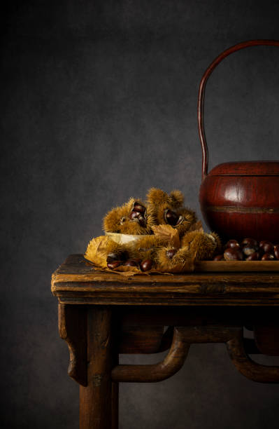 bodegón de castañas y frutos de castaña sobre mesa de madera sobre fondo negro - vanitas fotografías e imágenes de stock