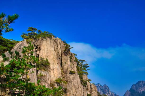 istock High granite mountains with green trees, blue sky and white clouds. 1350598037