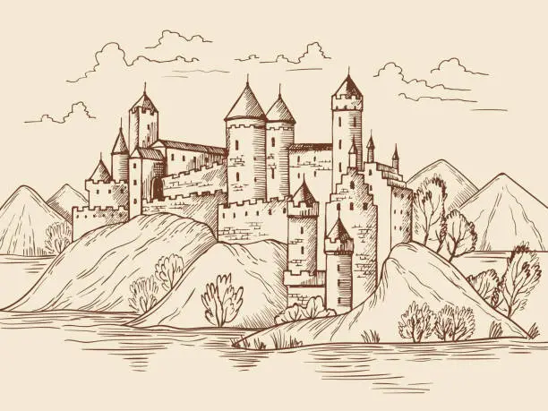 Vector illustration of Medieval background. Fantasy historical buildings with fortress towers house from vintage bricks recent vector landscape hand drawn illustration
