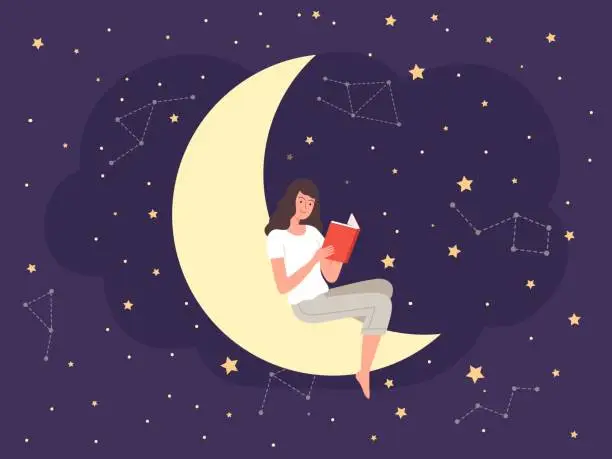 Vector illustration of Female dreaming on moon. Woman read book, fantasy fairy tale vector illustration