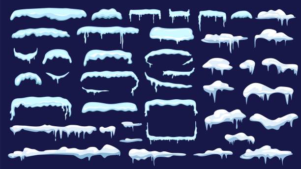 스노우 캡 키트. 다른 눈 덮인 모자, 고립 된 겨울 장식. 만화 냉동 요소 벡터 세트 - icicle ice textured arctic stock illustrations