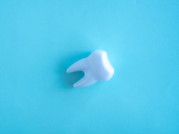 istock Dental concept. Tooth on a blue background. Place for your text. 1350598743