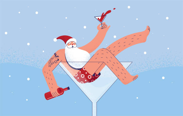 수영복을 입은 산타 클로스는 마티니 유리에 와인 한 병이 들어 있으며 새해 나 크리스마스를 기념합니다. 초대 및 파티 배너의 재미있는 개념 - drunk stock illustrations