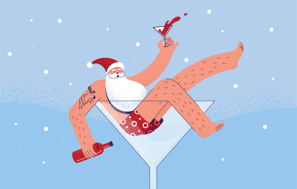 ilustrações de stock, clip art, desenhos animados e ícones de santa claus in a bathing suit sits in a martini glass with a bottle of wine and celebrates new year or christmas. funny concept of inviting and party banners - humor