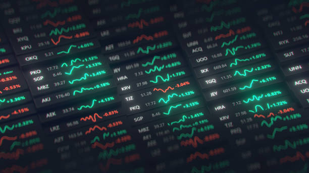 istock Stock market fictional tickers 3D render 1350600201