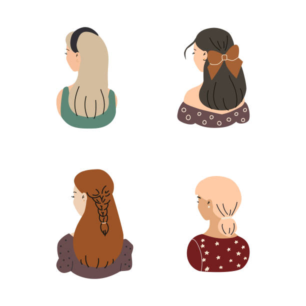 ilustraciones, imágenes clip art, dibujos animados e iconos de stock de un conjunto de mujeres jóvenes con peinado elegante. - ponytail hairstyle female back