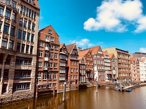 View of the Nikolaifleet in Hamburg and historical buildings