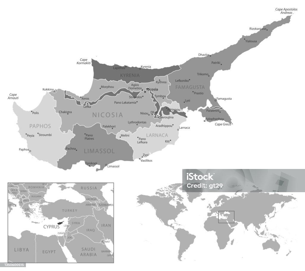 Cyprus Highly Detailed Black And White Map Stock Illustration - Download  Image Now - Republic Of Cyprus, Map, Europe - iStock