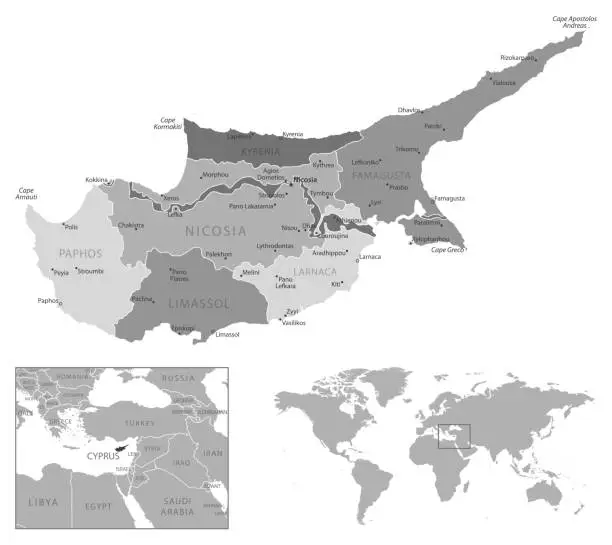 Vector illustration of Cyprus - highly detailed black and white map.