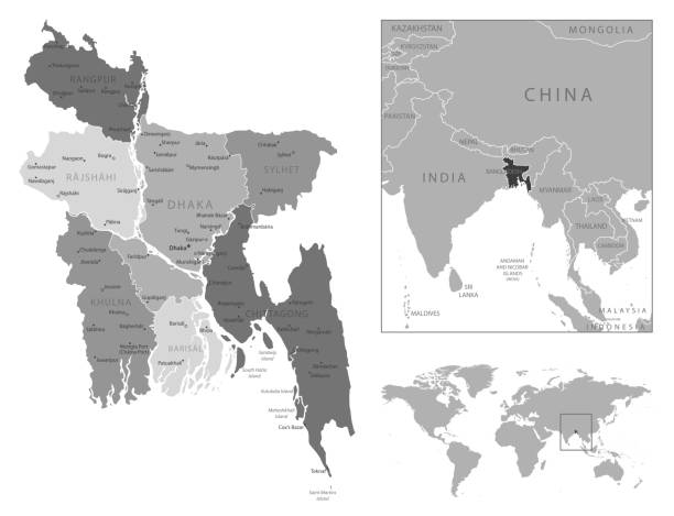 ilustraciones, imágenes clip art, dibujos animados e iconos de stock de bangladesh - mapa en blanco y negro muy detallado. - bangladesh map