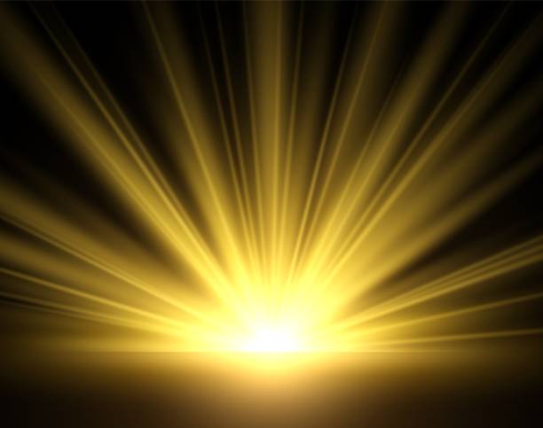 istock Golden glow of sun rays. Yellow light isolated on black background. Golden bright sunlight, transparent starburst, morning sunrise. Sunny weather backdrop vector realistic illustration 1350600806