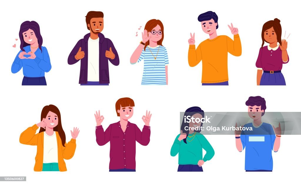 Ilustración de Personas Con Gestos Hombres Y Mujeres Jóvenes Representan Diferentes Acciones Con Signos Estudiantes Comunicación No Verbal Emociones Positivas Y Negativas Dibujos Animados Vectoriales Estilo Plano Conjunto Aislado y más Vectores Ilustración de Personas Con Gestos Hombres Y Mujeres Jóvenes Representan Diferentes Acciones Con Signos Estudiantes Comunicación No Verbal Emociones Positivas Y Negativas Dibujos Animados Vectoriales Estilo Plano Conjunto Aislado y más Vectores