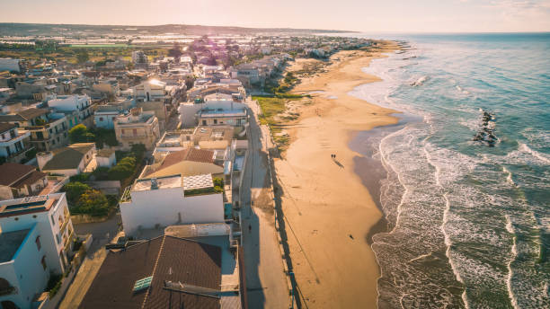 amazing panorama of donnalucata and mediterranean sea at dawn from above, scicli, ragusa, sicily, italy, europe - scicli imagens e fotografias de stock