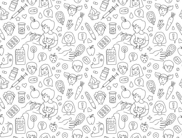 Diabetic patient Diabetes in children Parents injecting boy, insulin kit Diabetes in children line vector illustration seamless pattern. Parents hands injecting diabetes boy, insulin kit pen, pump, blood sugar meter doodle style drawing. Diabetic patient line icons family designs stock illustrations