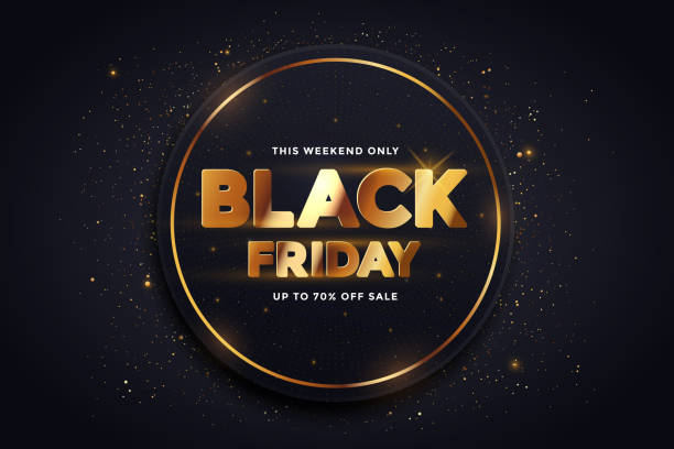 Black Friday Sale banner design Black Friday Sale banner design. Sale promotion with golden letter sign with glitters on geometric circle background with golden confetti particles. Advertising poster template design. Vector illustration black friday stock illustrations