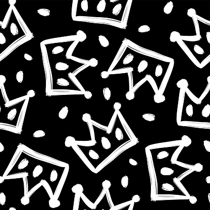 White crowns isolated on black background. Monochrome seamless pattern. Vector flat graphic hand drawn illustration. Texture.