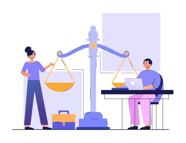Paralegal services concept Paralegal services concept. Man and woman stand next to large scale and provide legal assistance. Specialists work at laptop and help with court proceedings. Cartoon modern flat vector illustration balance clipart stock illustrations
