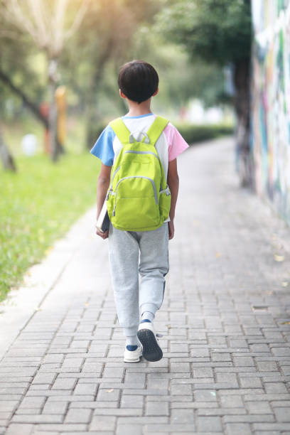 istock Little boy carrying a backpack walking back to school 1350613634