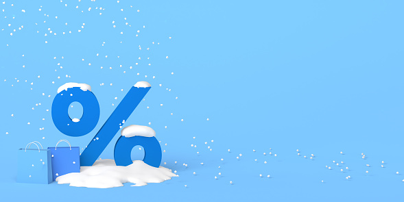Winter season discounts. 3D illustration. Copy space.