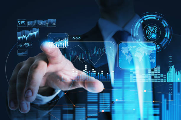 istock Businessman hand touching virtual digital screen with blue glowing hologram with digital information security interface. Concept of cyber security and data storage. Fingerprint and business charts. 1350614001