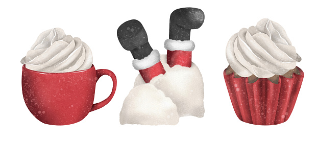 Christmas and new year watercolor illustration. Cacao, cupcake and Santa