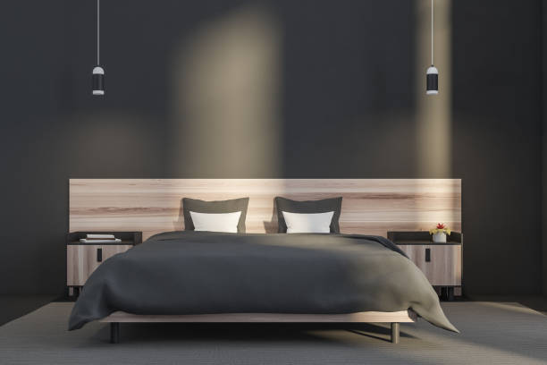 istock Grey bedroom with two on trend pendant lights 1350617199