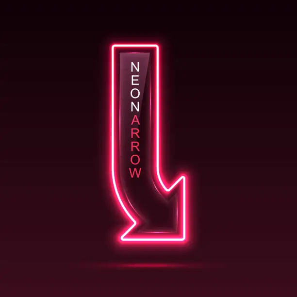 Vector illustration of Neon pointer arrow with vertical text. Direction indicator.