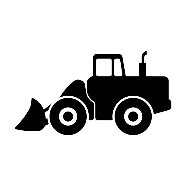 ilustraciones, imágenes clip art, dibujos animados e iconos de stock de icono de cargador de tractor. silueta negra. perfil. ilustración gráfica plana vectorial. el objeto aislado sobre un fondo blanco. aislar. - bulldozer dozer construction equipment construction machinery