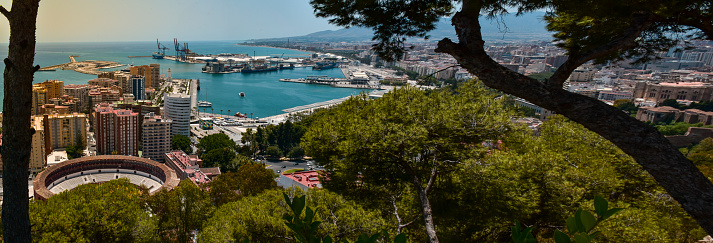 Panoramic view of the city of Malaga, from the Gibralfaro viewpoint, observing the sea, the port, the cathedral and the bullring.